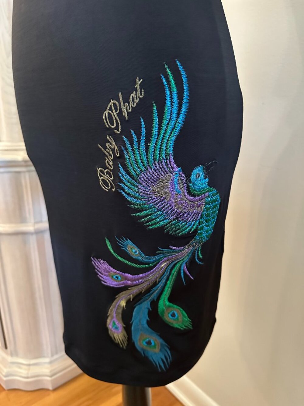 NWT Baby Phat Black Peacock Embroidered Bodycon Dress Y2K Size M